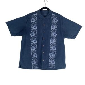Tommy‎ Bahama Silk Camp Shirt Hawaiian Floral Button Up Blue Large